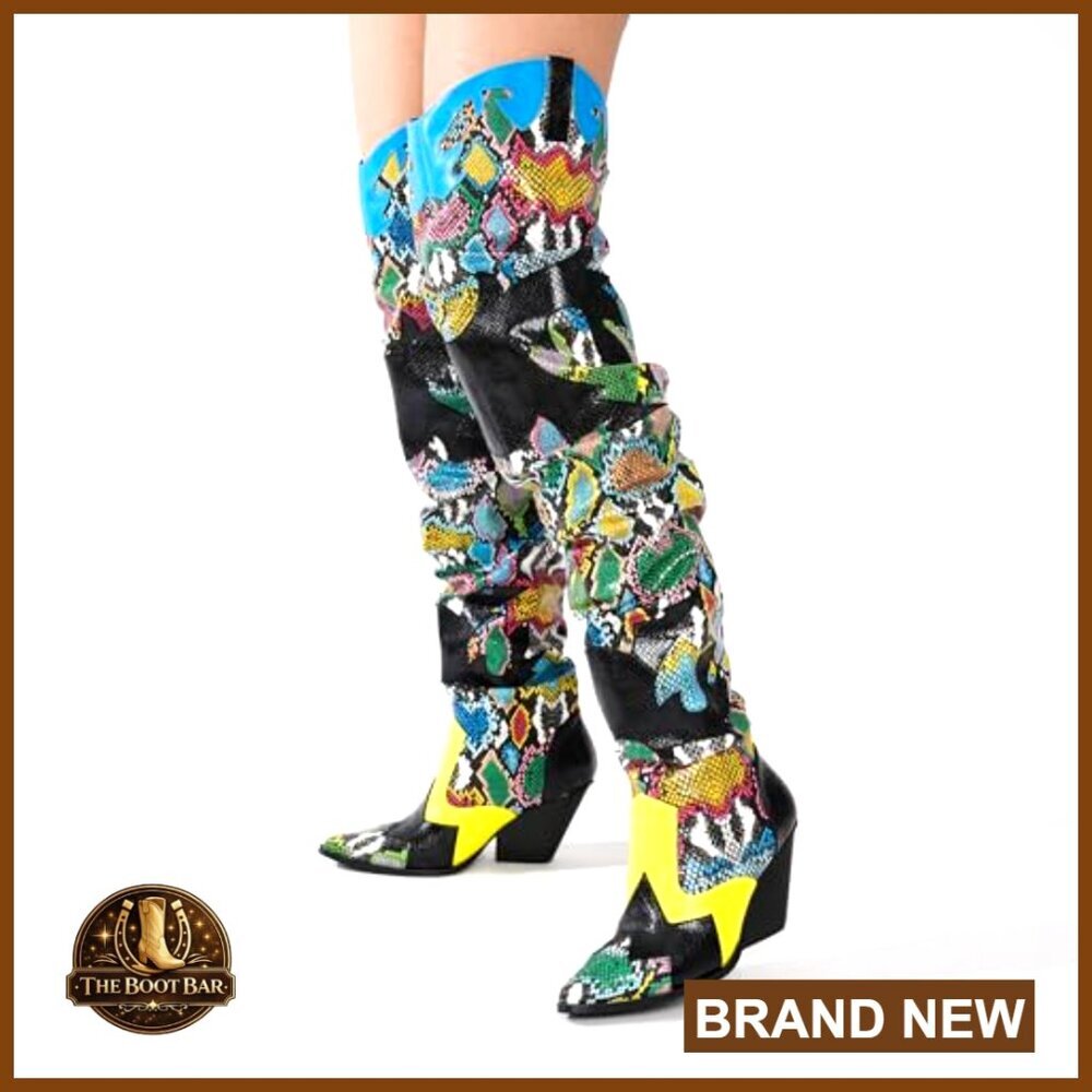 Thigh High Cowboy Boots with Chunky Heel - Faux Snakeskin Western Booties - Picture 5 of 7